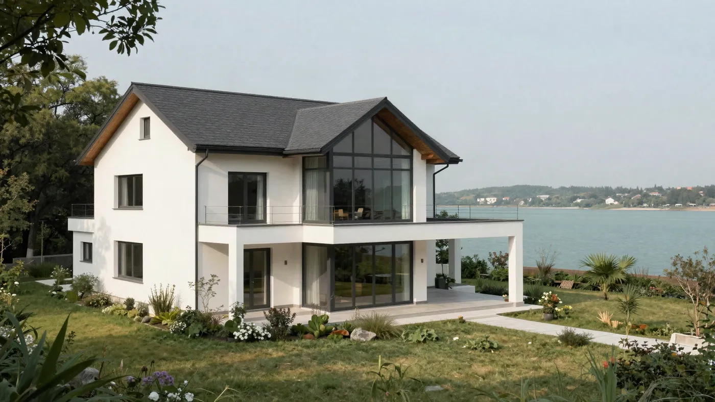 The house on the hillside, with the lake behind it