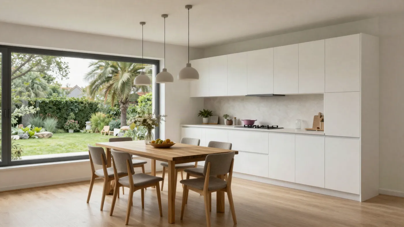 Kitchen and dining area with a window onto the garden