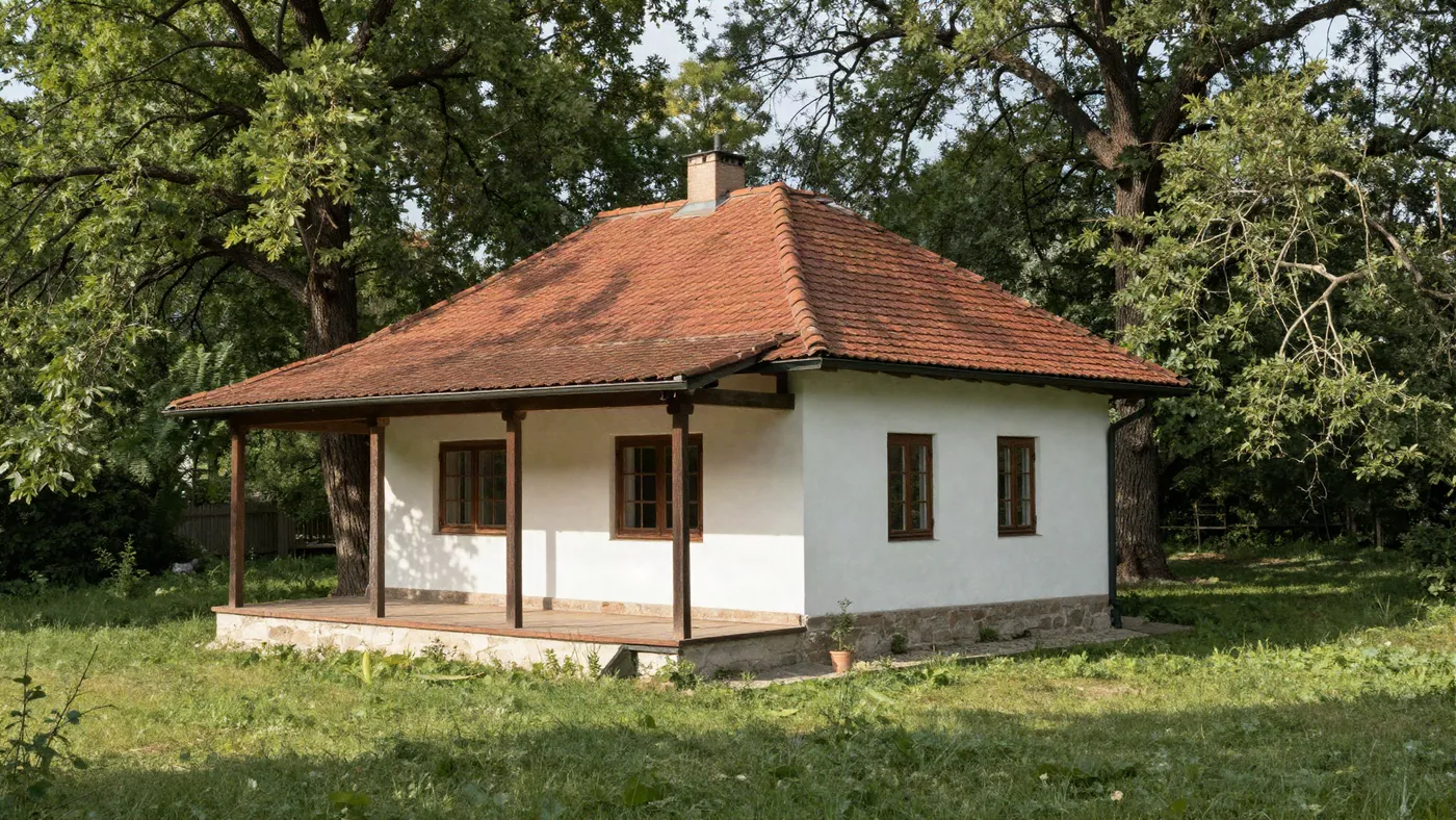 The holiday house and its covered terrace under the walnut tree