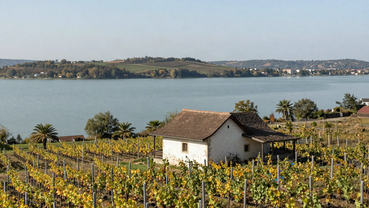 The plot on the line of the vineyards, with the press house and the lake view