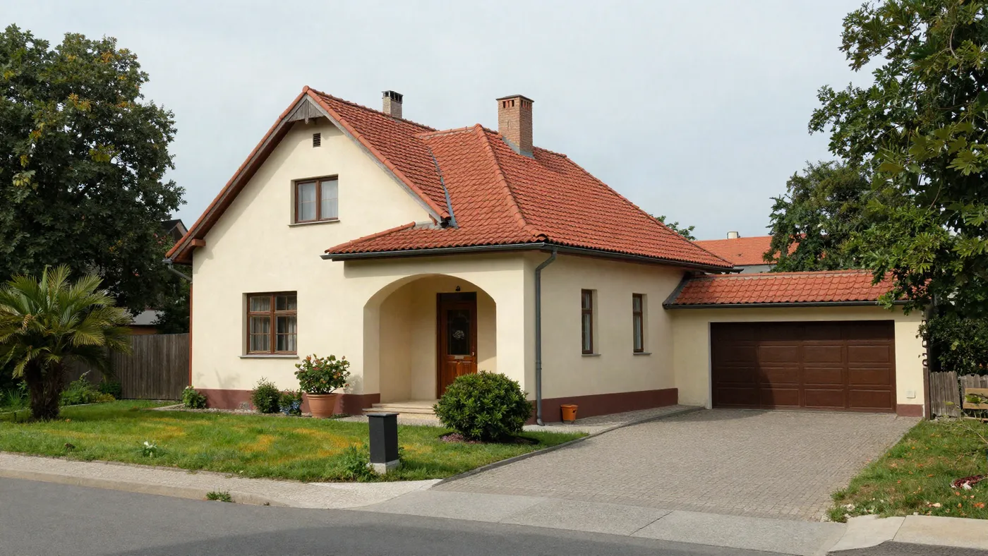 The house from the street, with its large garden